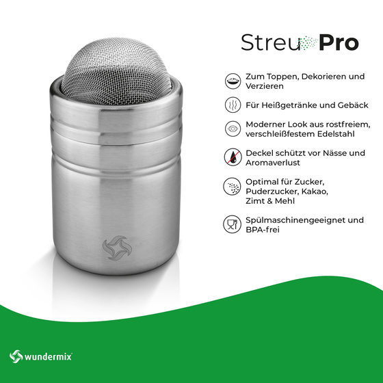 StreuPro | Edelstahl-Streuer für Mehl, Puderzucker, Kakaopulver, Zimtzucker